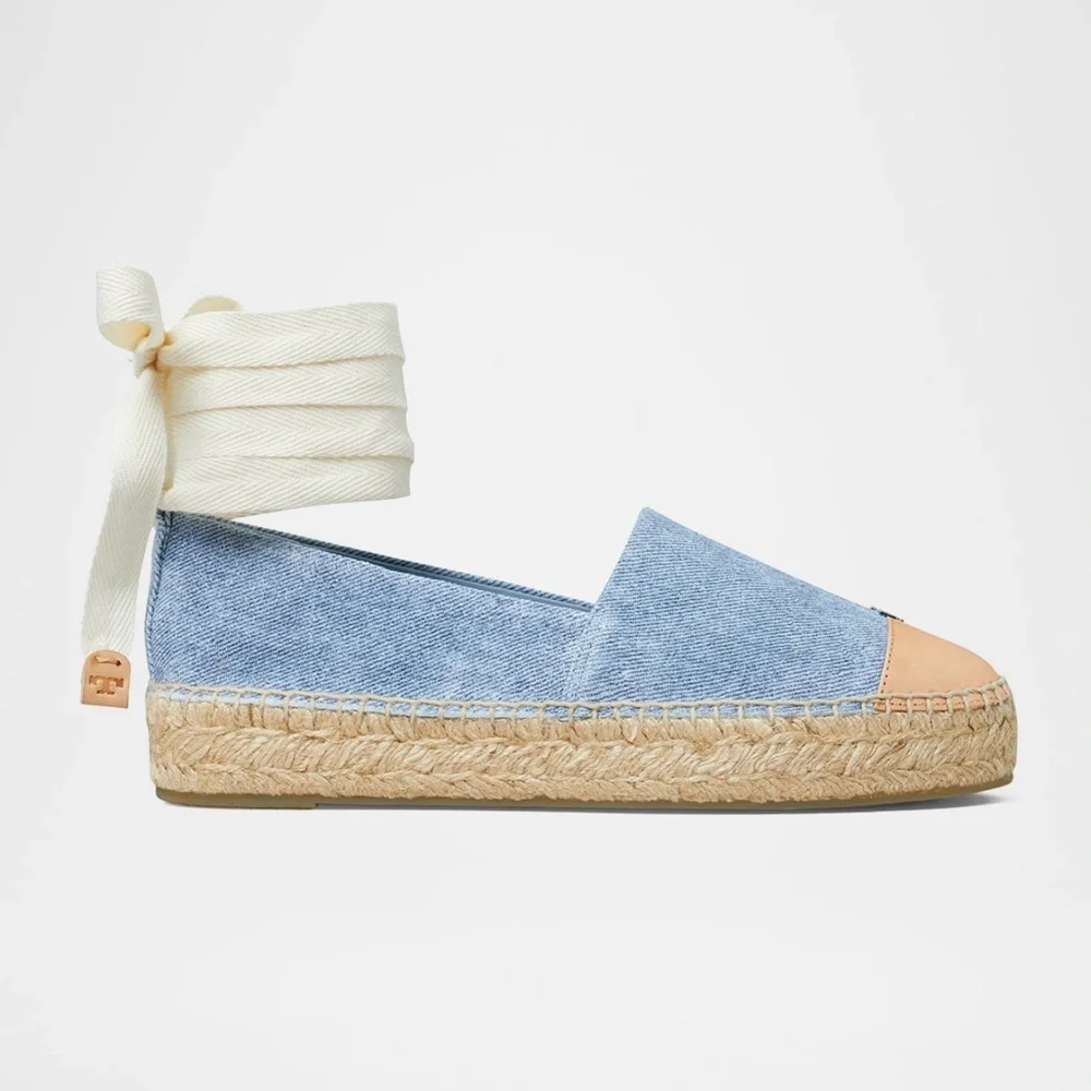 Tory Burch Bi-color Denim Ankle Wrap Cap Toe Espadrilles NWT